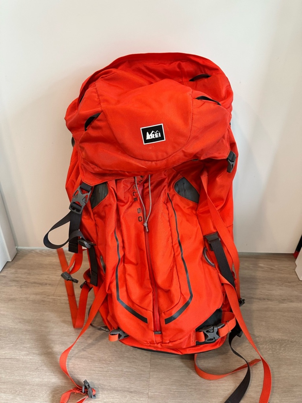 REI Pinnacle 50 backpacking backpack red